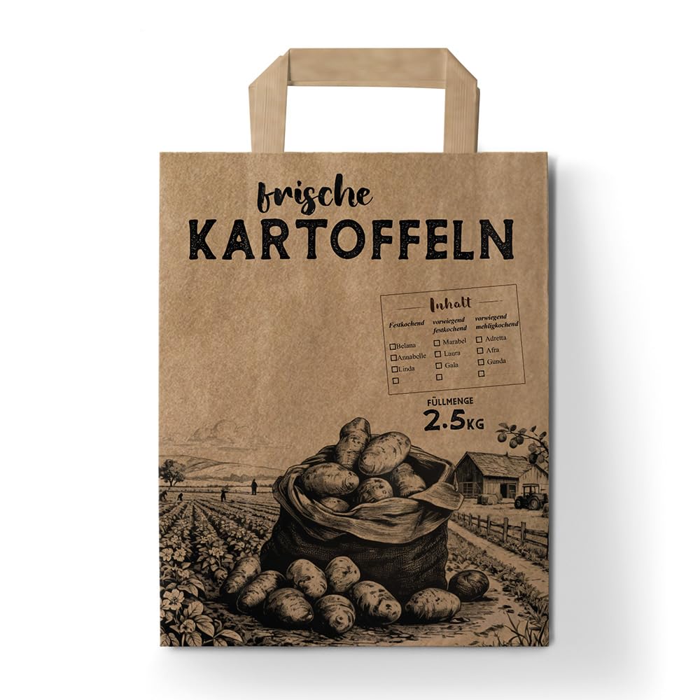 250 Papiertragetaschen Papiertaschen | Kartoffeln | Papiertüten | 2,5kg | Flachhenkel