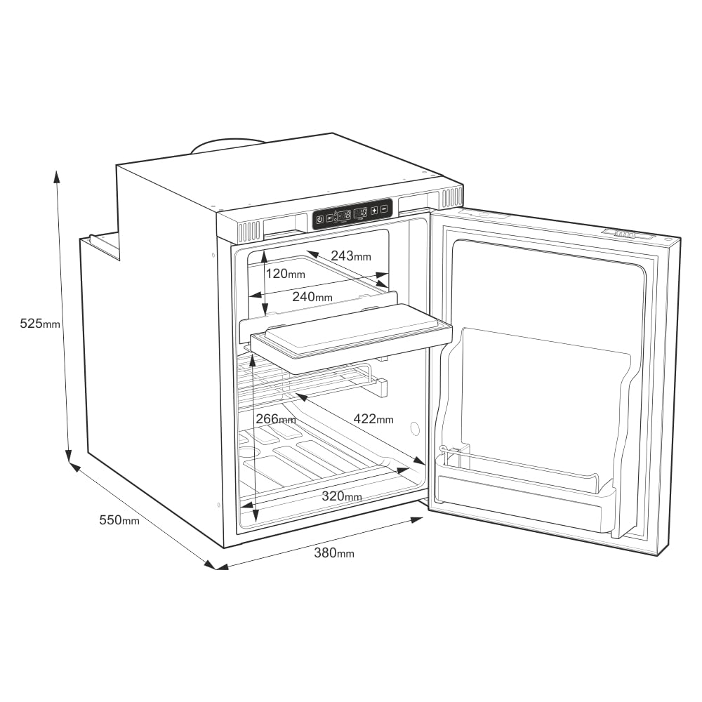 Yolco RL50M lodówka z kompresorem do zabudowy, 42,6 l – 12 V/24 V/230 V, lodówka kempingowa z zamrażarką, aplikacja Bluetooth, tryb turbo i tryb nocny, wyjmowana strefa zamrażania, do przyczepy