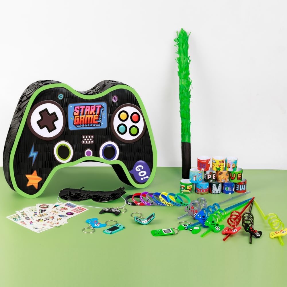 Video Game Pinata Set for Boy Kids Gamer Party with Controller Pinata, Straws, Bracelets, Stickers, Keychain, Confetti Tools for Party Decoration (Black)