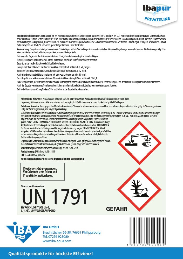 IBA 25 kg Chlorin Liquid Flüssigchlor stabilisiert 13% Aktivchlor Pool Chlor DIN