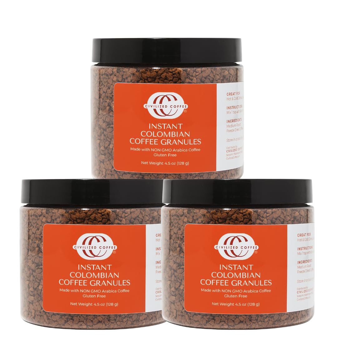 Civilized Coffee Instant Colombian Coffee Granules – Classic Roast, Non-GMO, 4.5 oz Jars (Pack of 3) (150 Servings)