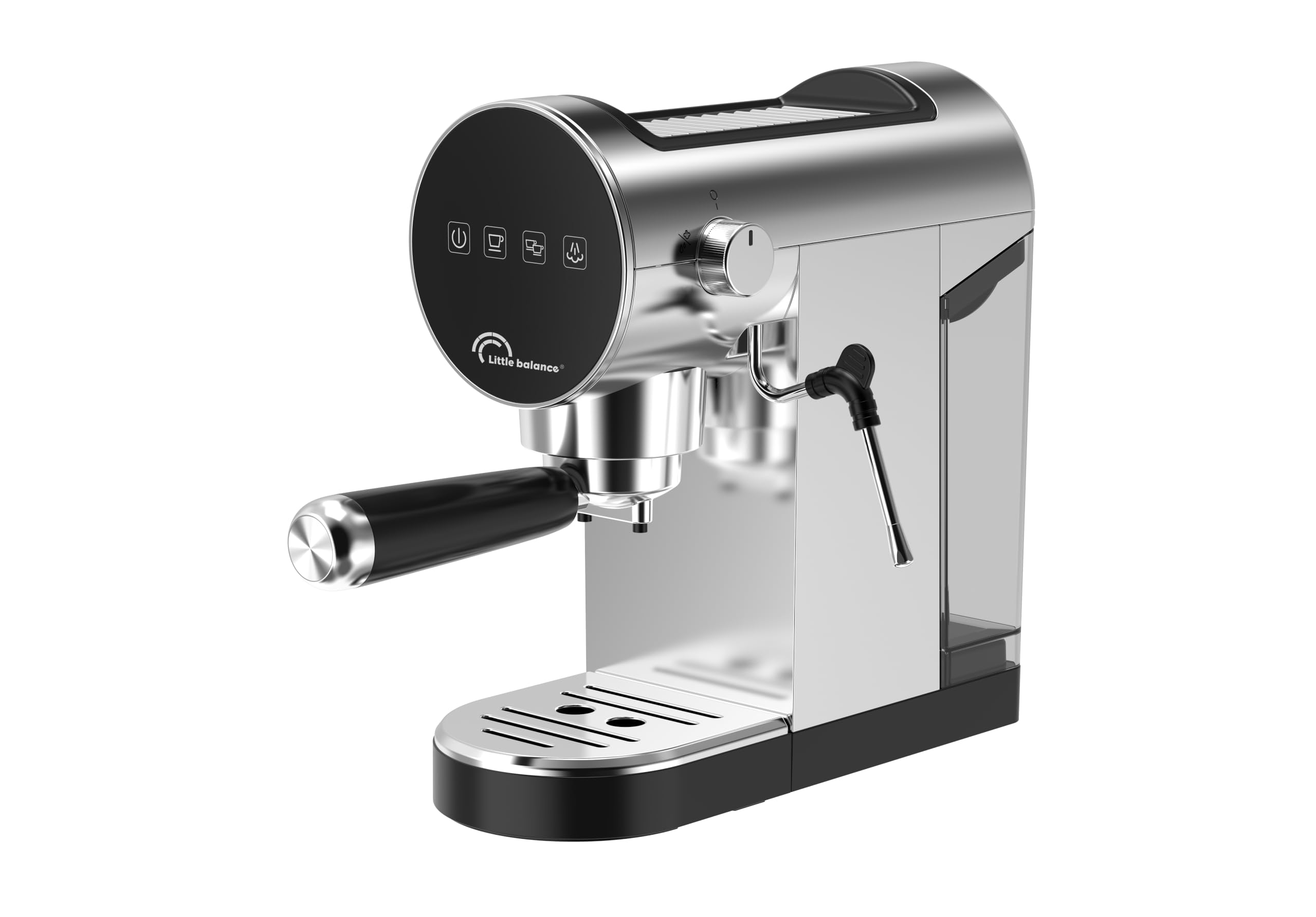 LITTLE BALANCE Cyfrowy ekspres do kawy 3034 ze stali nierdzewnej, ekspres do kawy z spieniaczem do mleka do Cappuccino, ekspres do kawy 20 barów, wyjmowany zbiornik 0,9 l, ultra kompaktowy, ekran