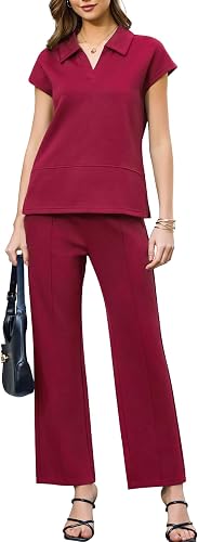 difficort 2 Piece Sets for Women Summer Travel Outfits Lounge Set V Neck Side Slit Polo Top Wide Leg Pants Tracksuit