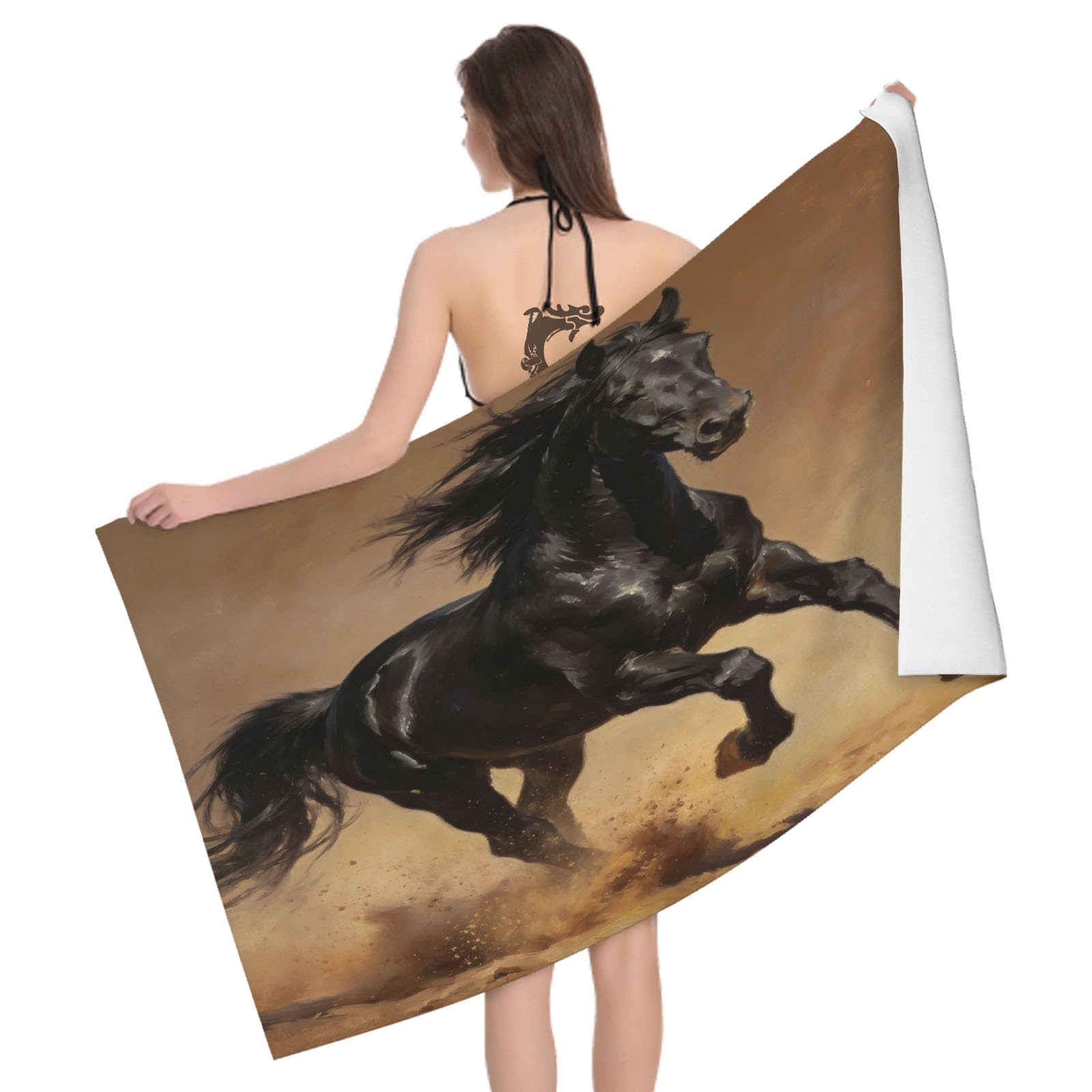 Leichong 3D Running Steed Beach Towel Microfiber Soft Quick Dry for Adults, Horses Bath Towel Lightweight Soft Absorbent for Travel Swimming Pool Sports, 75 x 150 cm