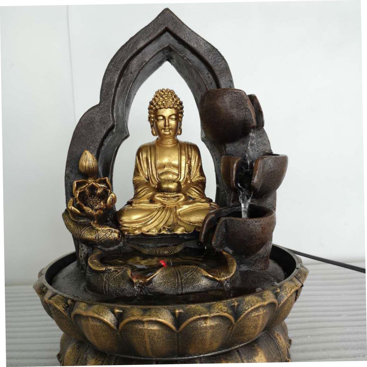 Buddha Waterfall Fountain Tabletop Decor LED Light Resin Buddha Figurine Indoor Water Feature for Office Home Zen Decoration