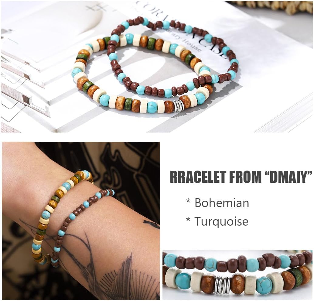 Boho Turquoise Bracelet Wooden Beaded Bracelets Stretch Wrap Bracelet Jewelry for Women and Men 2Pcs