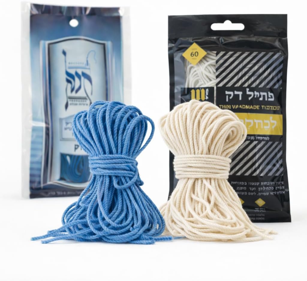Ptil & Radzin Techelet Tzitzit Strings Set – Wool Radzyner Tekhelet & White Ptil Tzitzis, Made in Israel, Thick