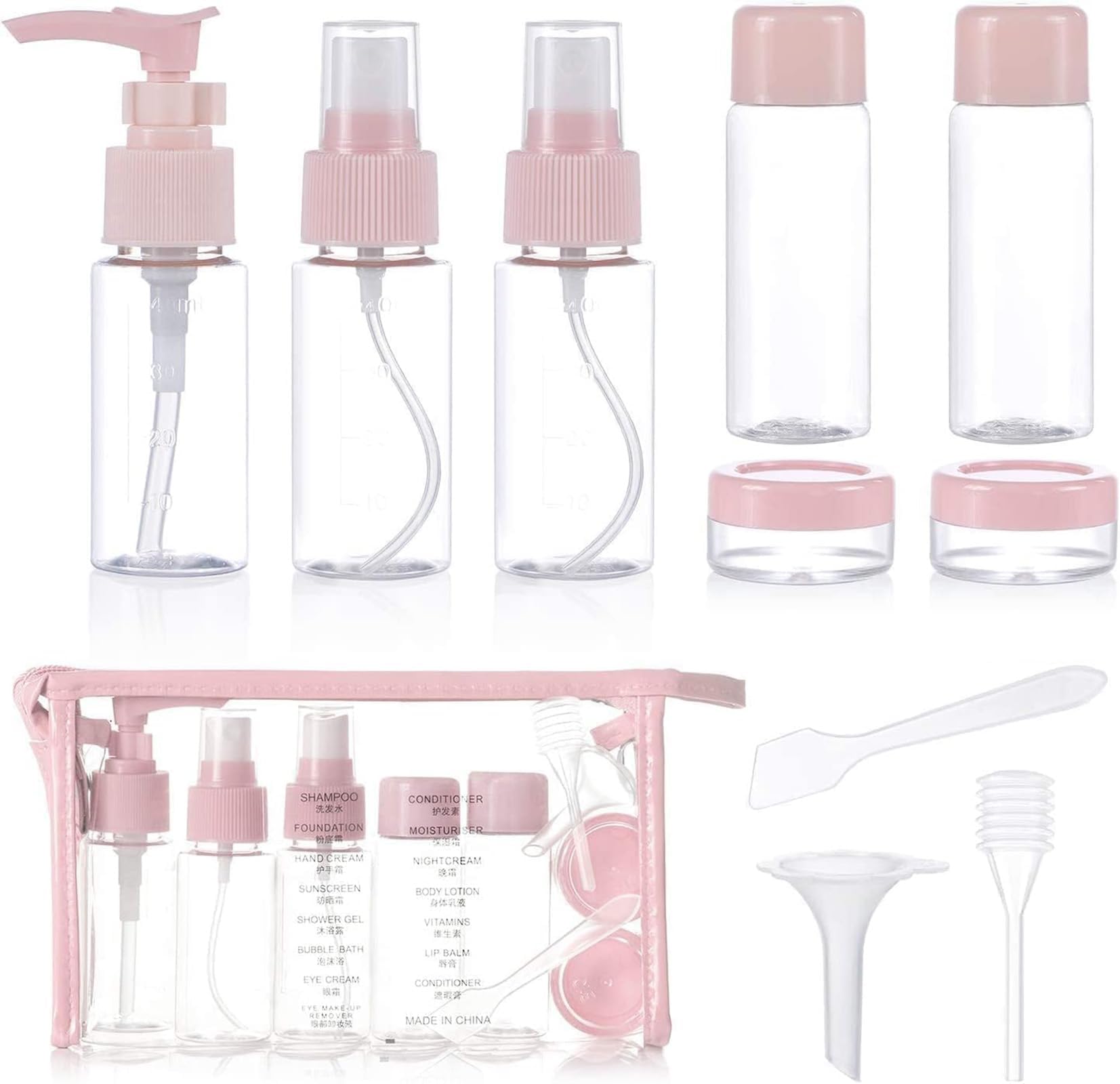 ALMEKAQUZ Cosmetic Travel Bottles Kit,Leak Proof Portable Travel Accessories Toiletries, Perfect for Business or Personal Travel Essentials,Airplane Travel Set for Lotion,Shampoo,Cream,(11pack, Pink)
