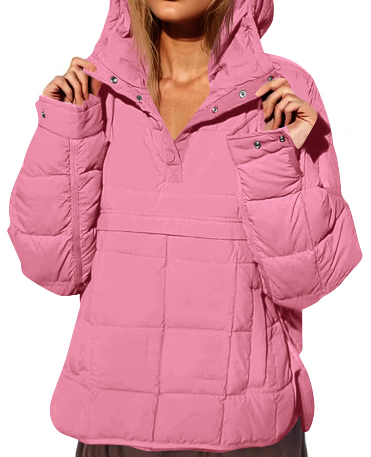 Fazortev Piumino da donna oversize trapuntato Dolman con cappuccio pullover a maniche lunghe leggero caldo top cappotto