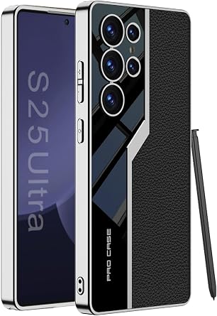 Leather Case for Samsung Galaxy S25 Ultra, Ultra Thin Sports Car Design, Luxury Electroplate Leather with Silicone TPU Protective Shockproof Cover for Samsung Galaxy S25 Ultra Black