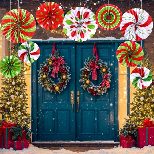 Image of Outus 27 Pcs Christmas Hanging Decorations Candy Paper Fans Decor Red Green