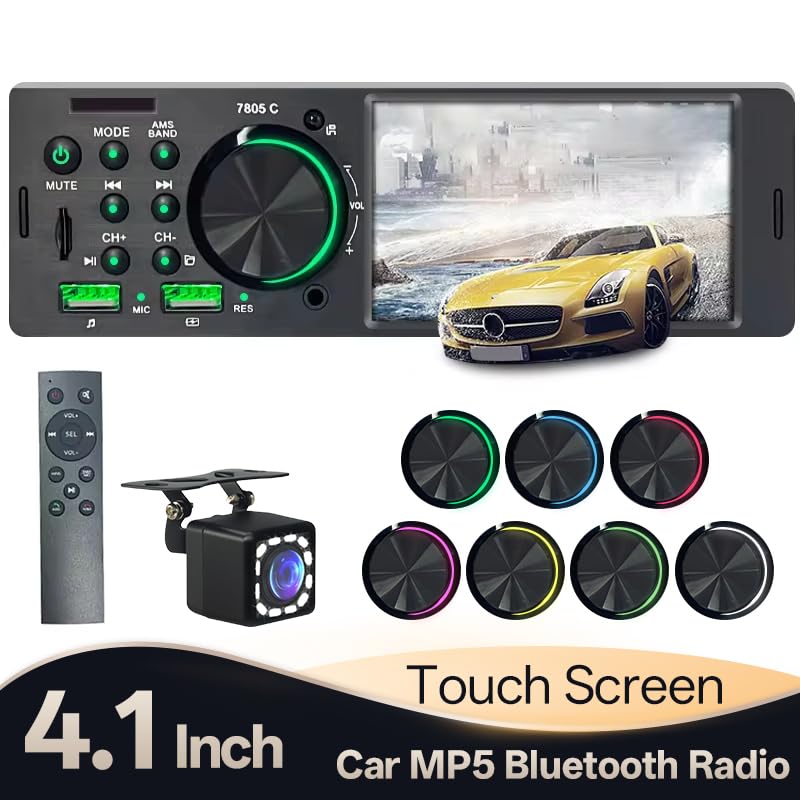 4.1” Car Radio 1din Mp5 Multimedia Player Touch Screen Bluetooth Stereo FM Receiver Hands Free USB TF 7 Colors Lighting