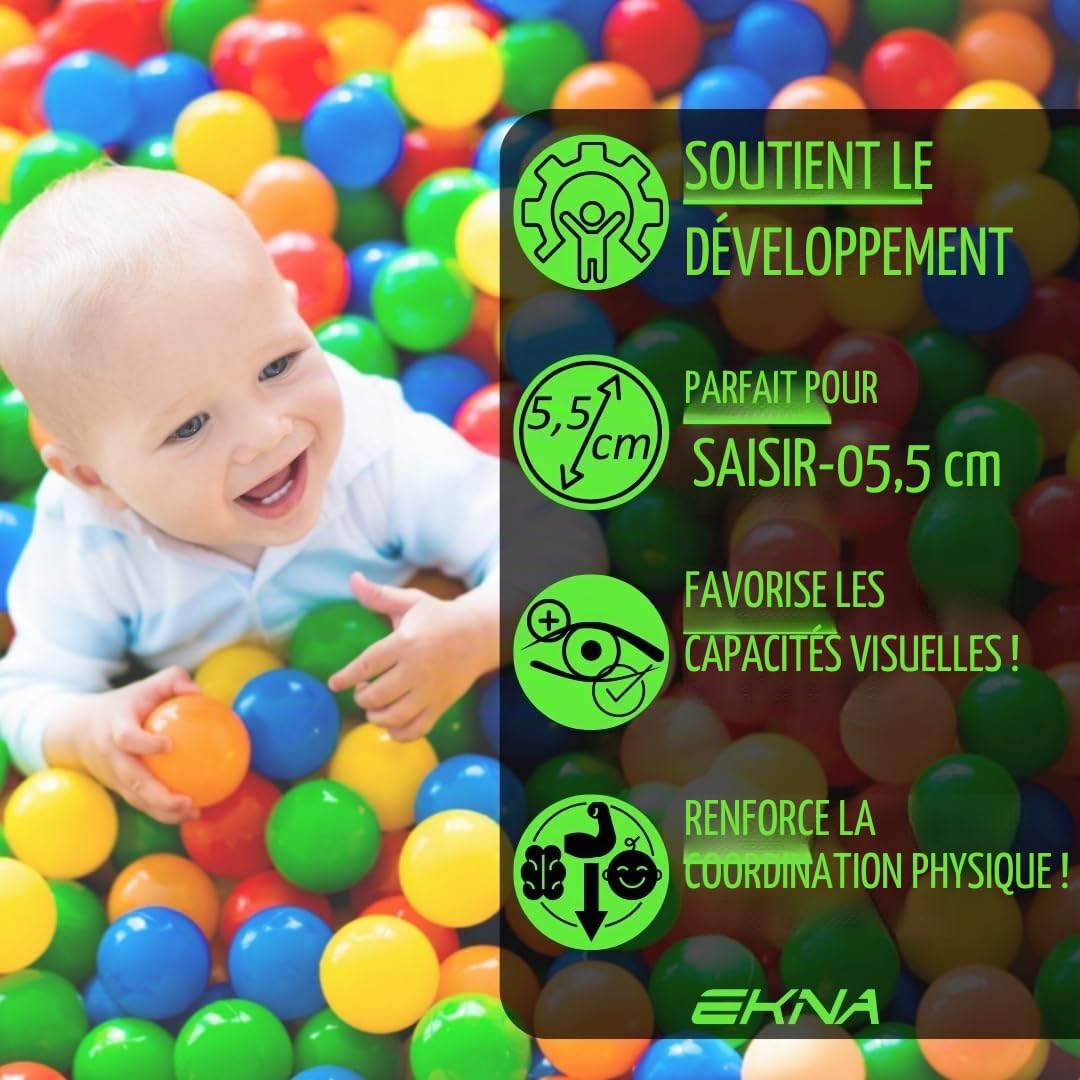 EKNA Lot de 200 balles de Jeu de 5,5 cm de diamètre – Différentes Couleurs au Choix pour Piscine à balles – Balles en Plastique pour bébé –