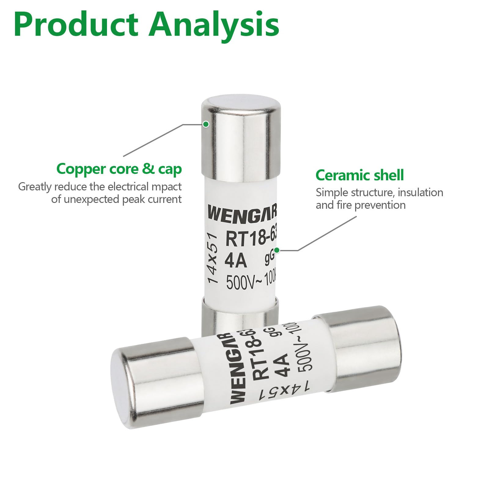 Wengart AC Cylindrical Ceramic Fuse RT18-63 (RO16), AC500V 4A, 100kA, 14x51mm, 10 pieces - Image 2