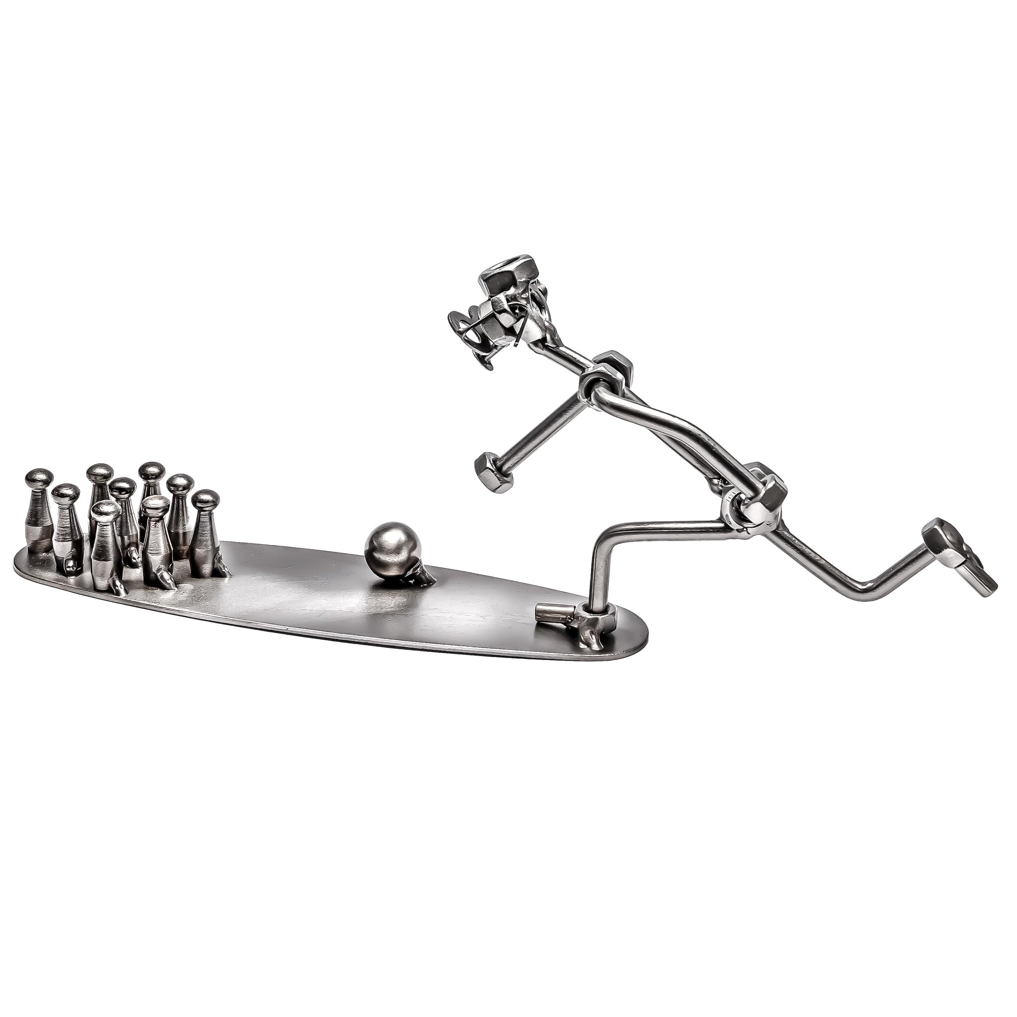 STEEMO Original Schraubenmännchen Figur: Kegeln – Handgefertigte Metall-Deko aus Stahl, kreative Kegel-Skulptur und Geschenkidee für Kegler & Bowling-Fans, 31x6x12 cm