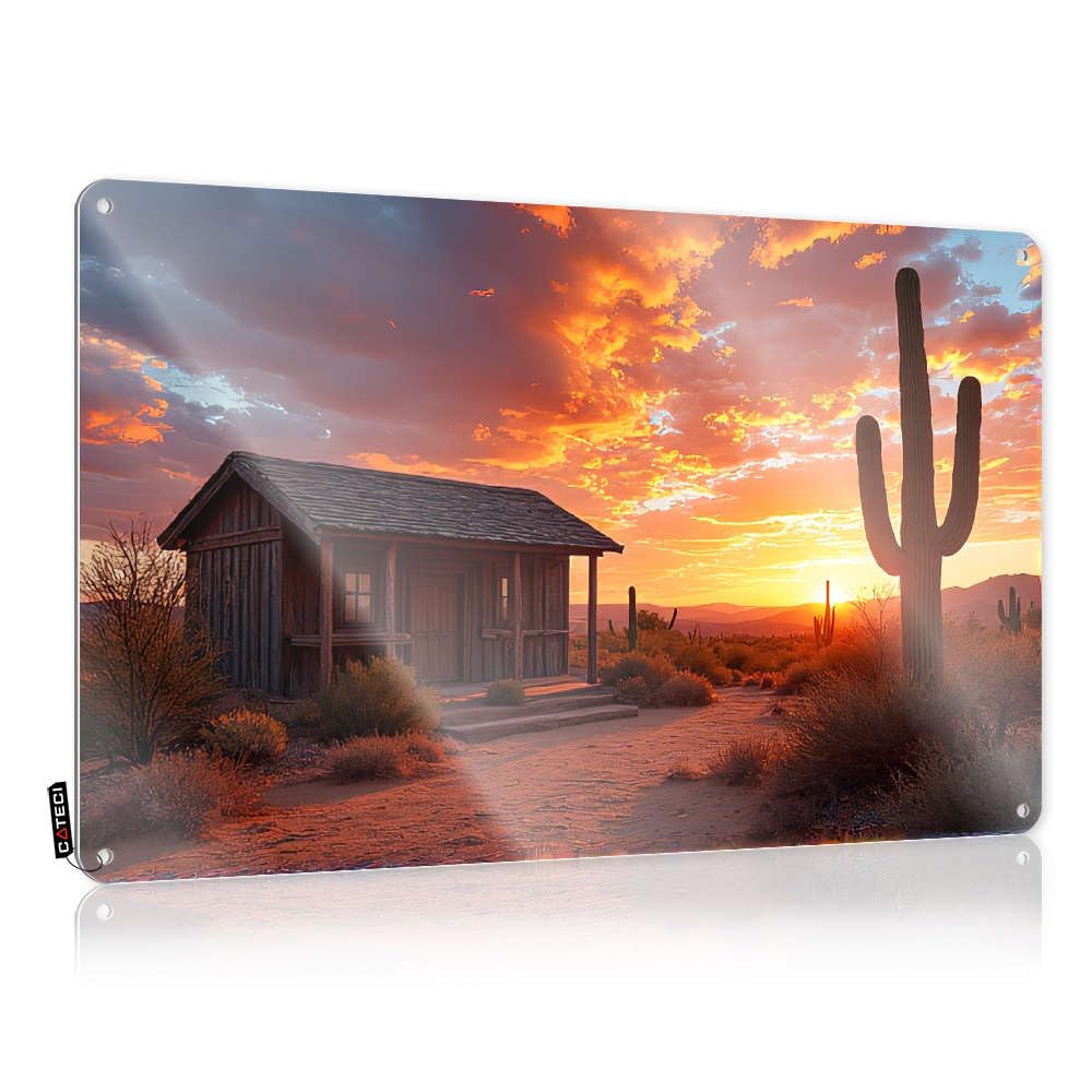 Decoration Tin Vintage Style | Desert Sunset With Wooden Cabin And Cactus. Aesthetic Birthday Home Decor(30X40CM)