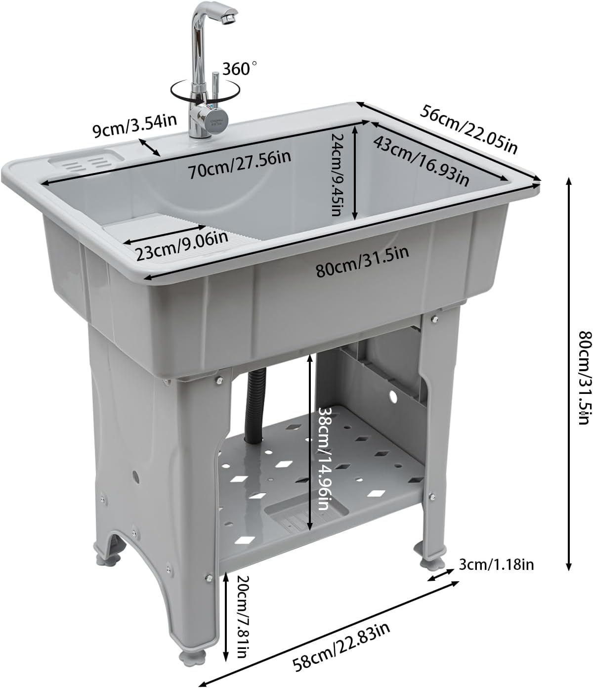 PP Laundry Sink w/Cold & Hot Faucet,441lbs Load Freestanding Garden Utility Sink w/Storage Shelf,Plastic Laundry Tub Hoses and Drain Kit for Basement,Garage Slop Sink (Grey 31.5L*22.05W*31.5Hin)