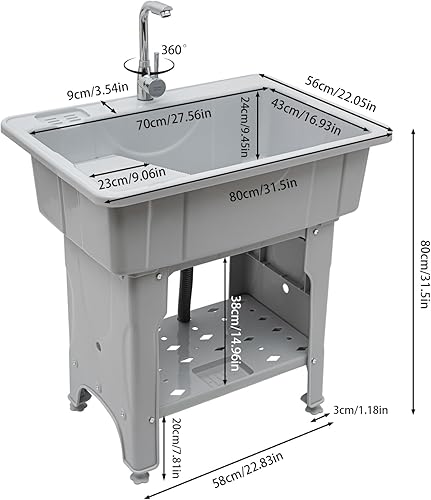 Miniatura 8 de Fregadero de plástico independiente, espacioso lavabo gris con tabla de lavar y grifo para sótano, garaje o cuarto de lavado interior y exterior