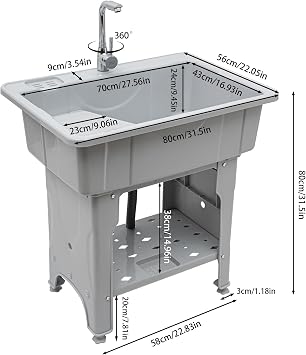 Freestanding Plastic Laundry Sink & Utility Tubs with Storage Shelf, Kitchen Sink with Cold and Hot Water Faucet Kit, Indoor and Outdoor Utility Sink Wash Tub for Laundry Room Bathroom (Grey)