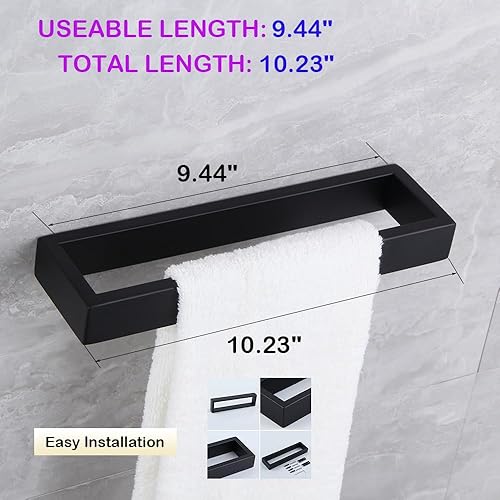 Miniatura 10 de Toallero de baño con anillo montado en la pared, barra de toalla de mano moderna cuadrada estilo toallero de acero inoxidable cepillado, D69018BN