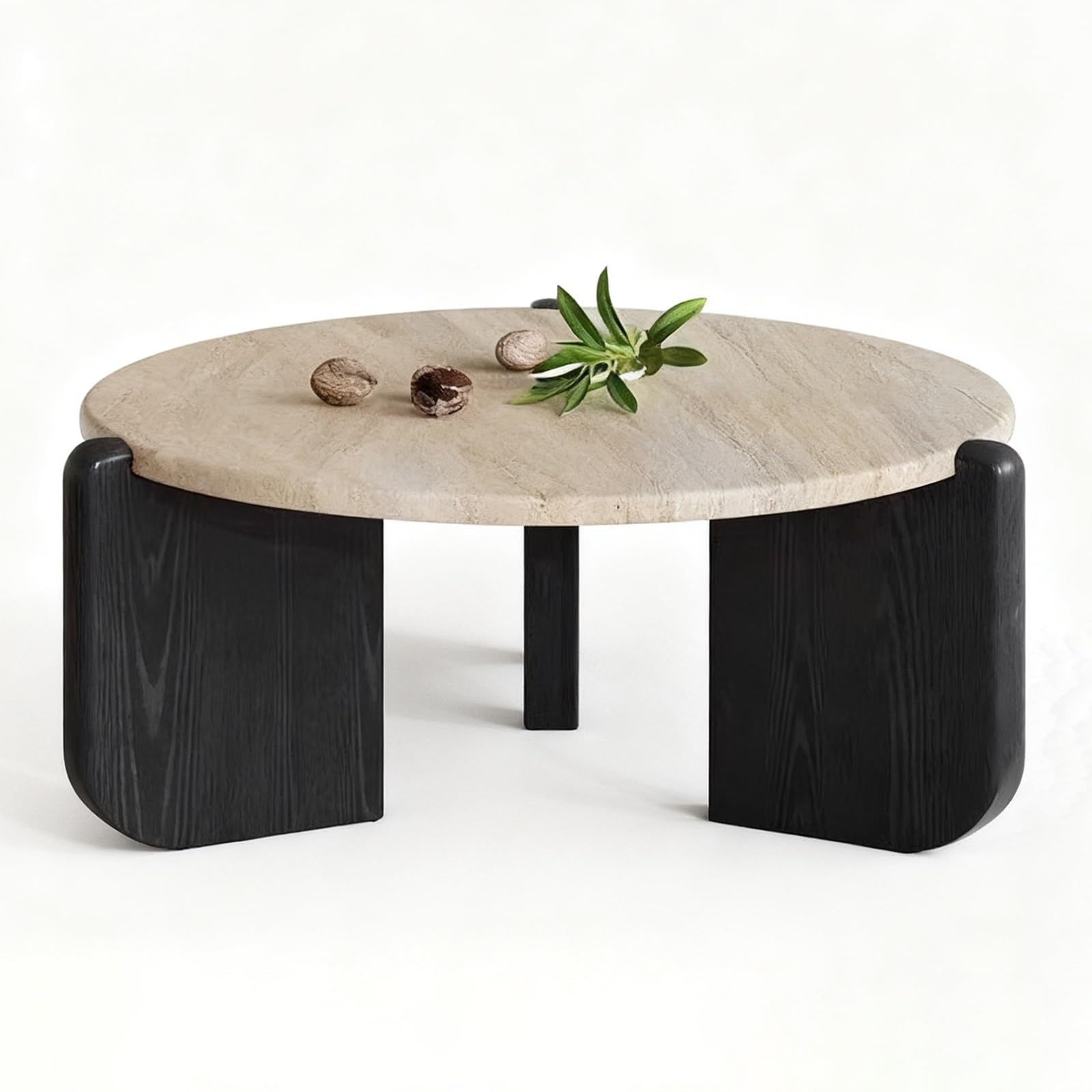 Table basse moderne du milieu du siècle en bois massif avec plateau en pierre – Table d'appoint noire Slish pour salon, 60 x 40 cm, et pièce en fourrure Ele