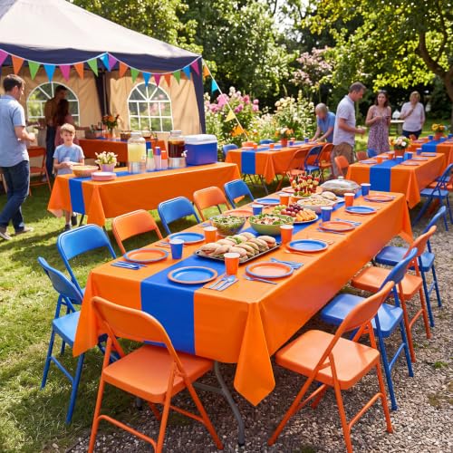 Image of Oudain 6 Pcs Plastic Table Cloths Disposable 54 inch x 108 inch, Orange, Blue