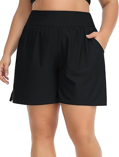 Miniatura 8 de ANFILIA Pantalones cortos de natación de talla grande para mujer, pantalones cortos de cintura alta, tankini con bolsillos