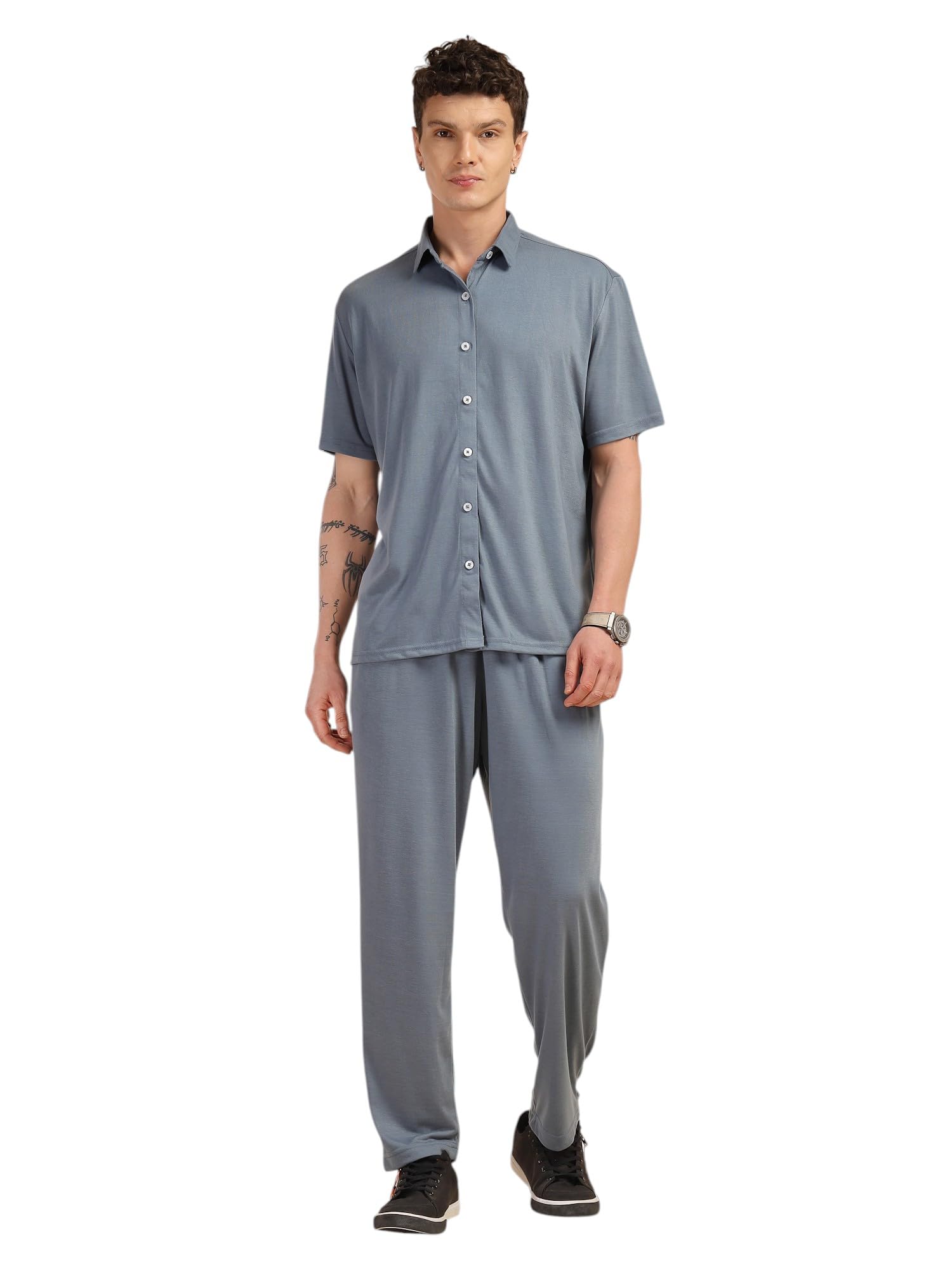 thomas scott Men's | Relaxed Fit | Solid | 100% Polyester | Co-Ord Set With Short Sleeves & Spread Collar-picture-50