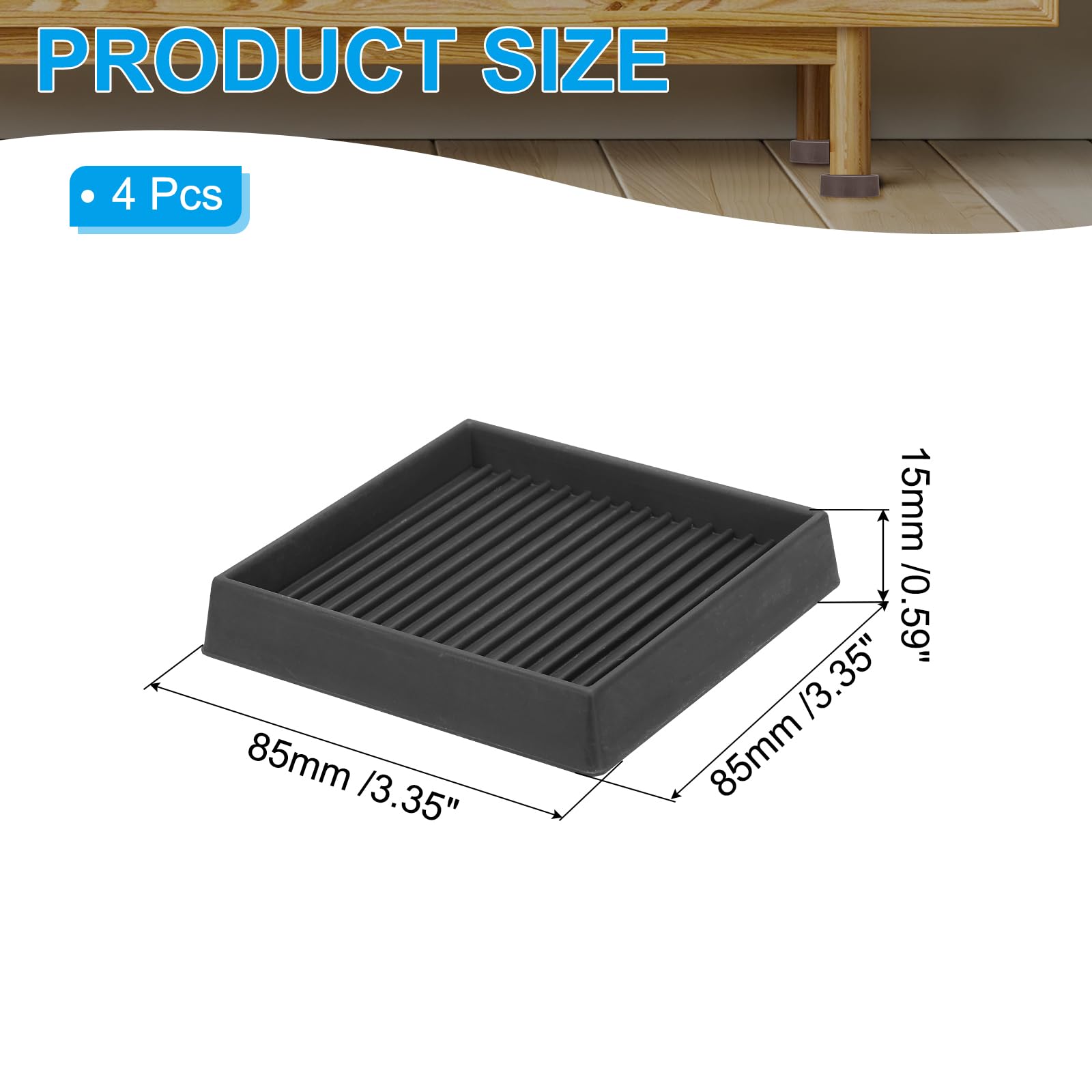 PATIKIL 3"x3" Square Rubber Furniture Pads, 4 Pack Non Slip Caster Cups Anti Skid Floor Protectors for Furniture Feet Bed Couch Chair Table Stopper, Black - Image 2