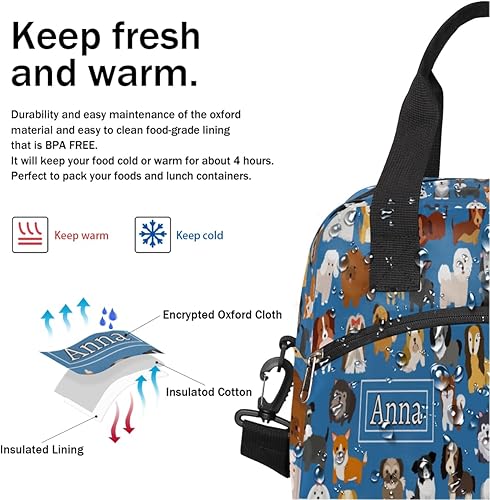 Miniatura 6 de Dog4 - Lonchera personalizada para mujer, bonita bolsa de almuerzo aislada personalizada con tu nombre para niñas, bolsa escolar de picnic