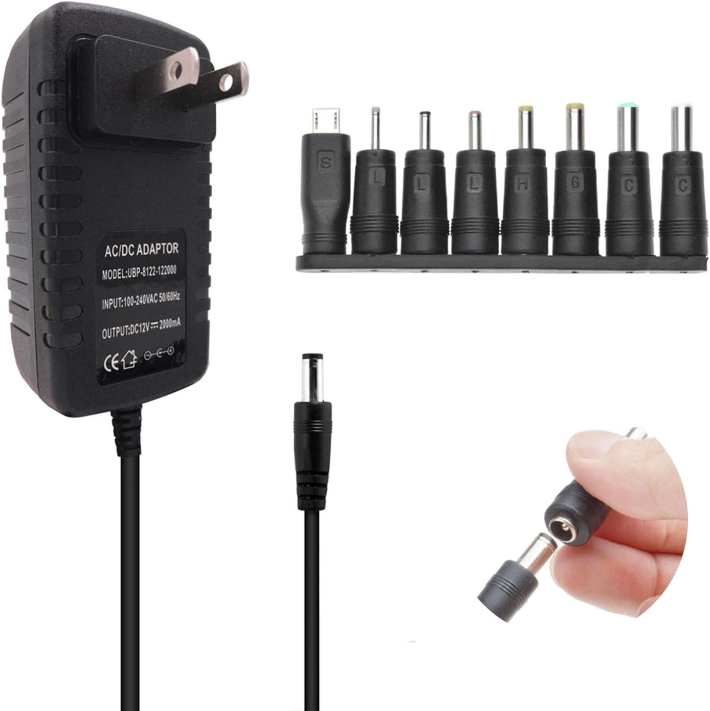 Universal AC/DC Adapter 12V 2Amp Power Supply with 8 Switching Connector Adapter Tips and USB Plug for Household Electronics Routers Speakers CCTV Cameras USB Charging Devices