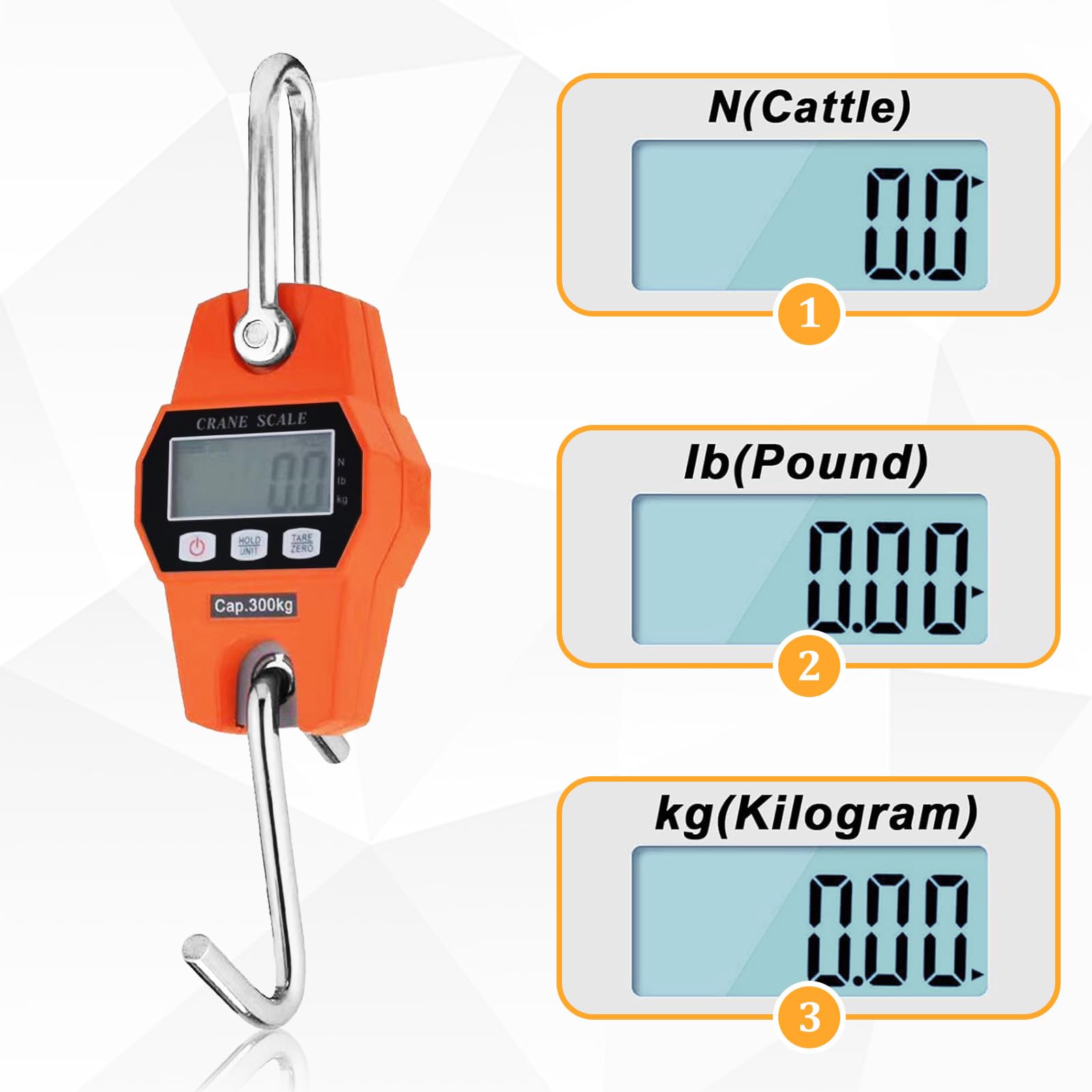 Kranwaage Digital Hängewaage Hakenwaage Kofferwaage Digital mit Haken Gepäckwaage Tragbare Wildwaage Fischwaage 300kg, LCD Display N/lbs/kg, Gelb