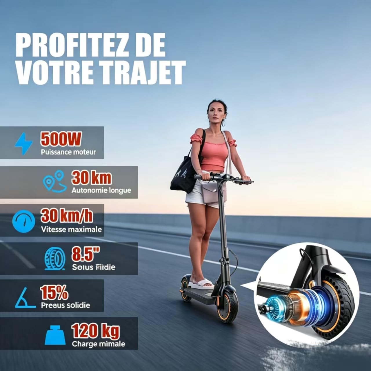 Trottinette électrique pour Adultes, Puissance maximale de 500 W, Vitesse maximale de 25 km/h, autonomie de 25-30 km, Pneus Solides 8.5'', Double Frein & APP, Charge Max 120 KG