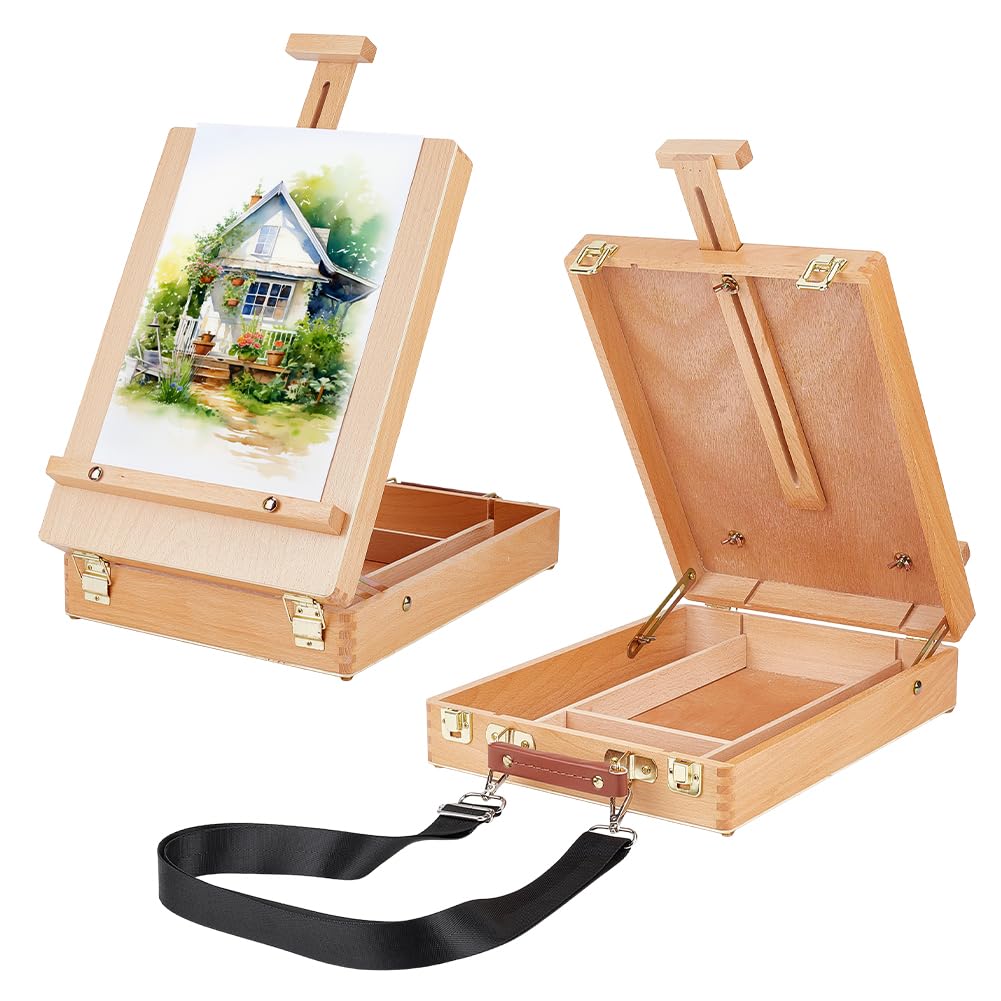NBEADS 1 Cavalletto da Tavolo per Pittura, Scatola Disegno in Legno Portatile con Tracolla Nylon Regolabile Rimovibile, Custodia Artista per Szzo e Pittura all’Aperto, 358x270x81,5 mm