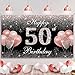 HTDZZI 50th Birthday Banner Backdrop, Happy 50th Birthday Decorations for Women Rose Gold, Fabulous 50 Year Old Birthday Party Yard Sign Photo Booth Props Background Decor Supplies, Fabric