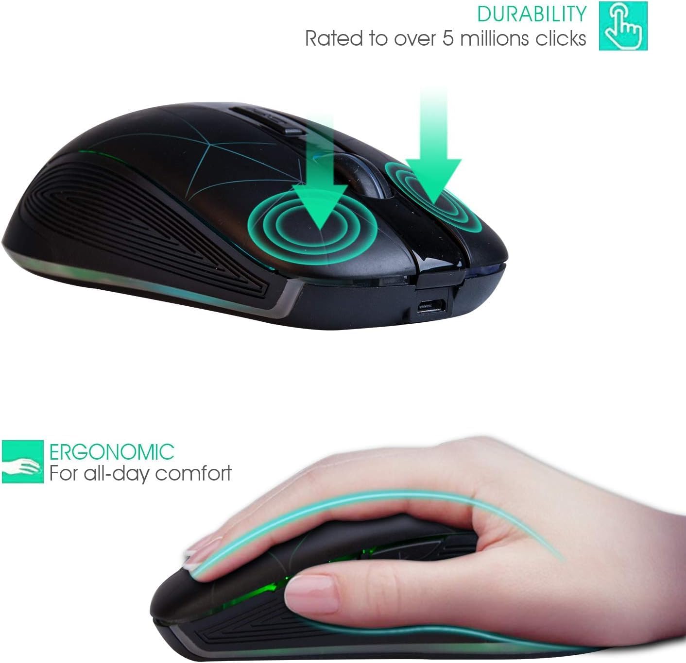 Rii RM200 2.4G Wireless Mouse with USB Nano Receiver, 5 Buttons Rechargeable Mouse,Colorful Backlit RGB Gaming Mouse for Notebook,PC,Computer-Black(Type-C)