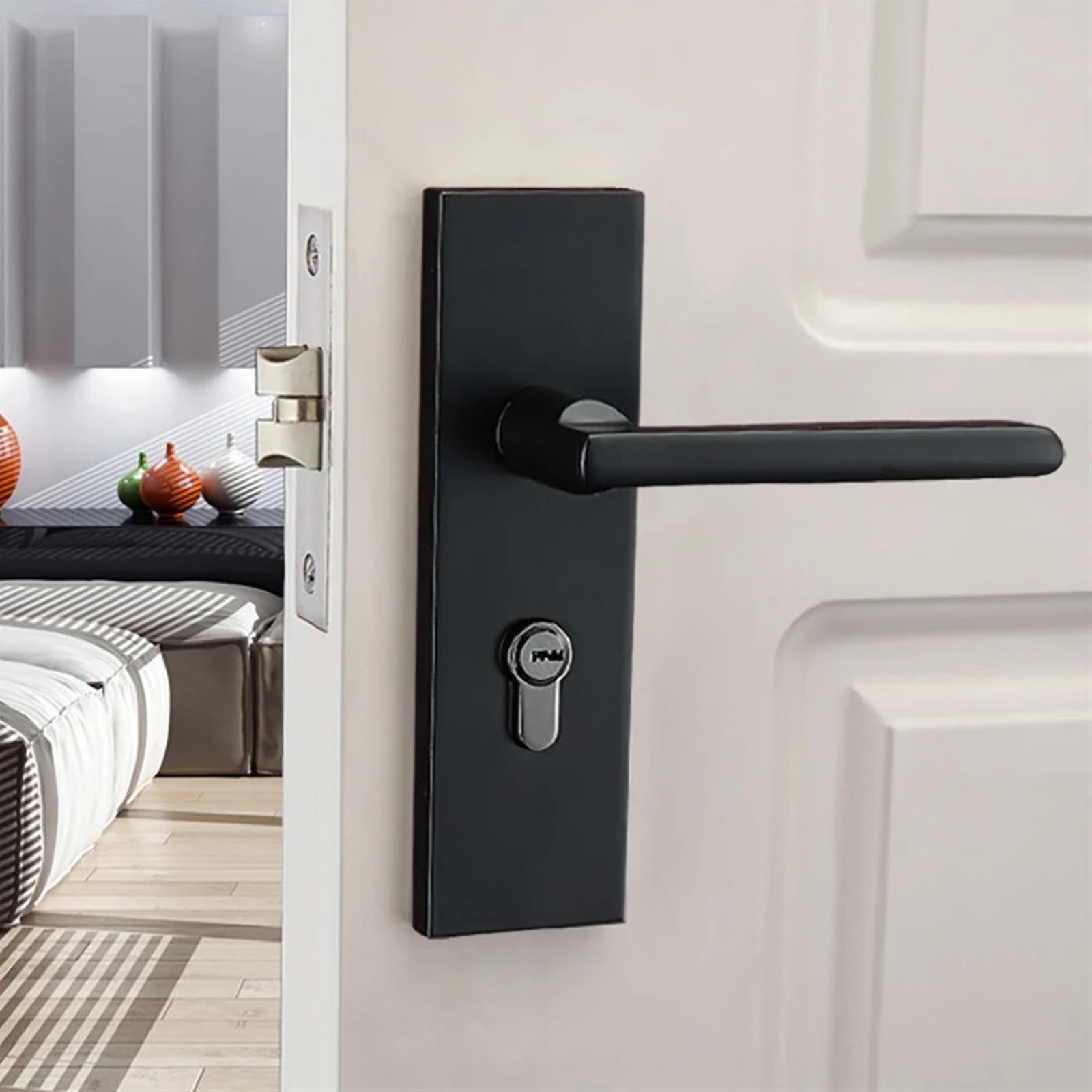 Yshiuol Black Door Handles 1 Set Zinc Alloy Silent Room Door Lock Single Tongue Handle Wooden Bedroom Living For Home And Office