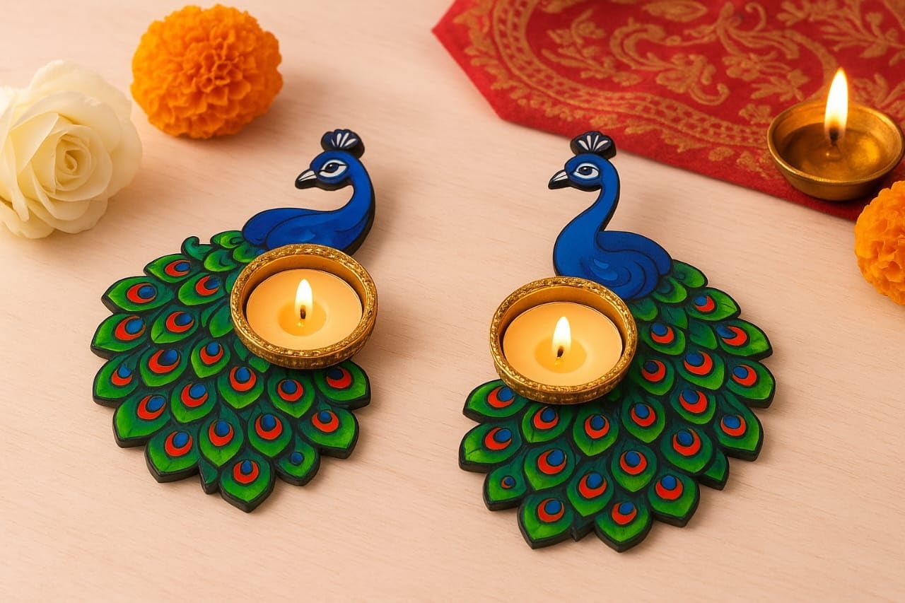 RealTrend Premium Decorative Peacock Tea Light Candle Holder Set, Blue and Green, Candle Holder for Diwali Decor, Diwali Gift Item, Home Decor Item Candle Stand Set of 2-image-9