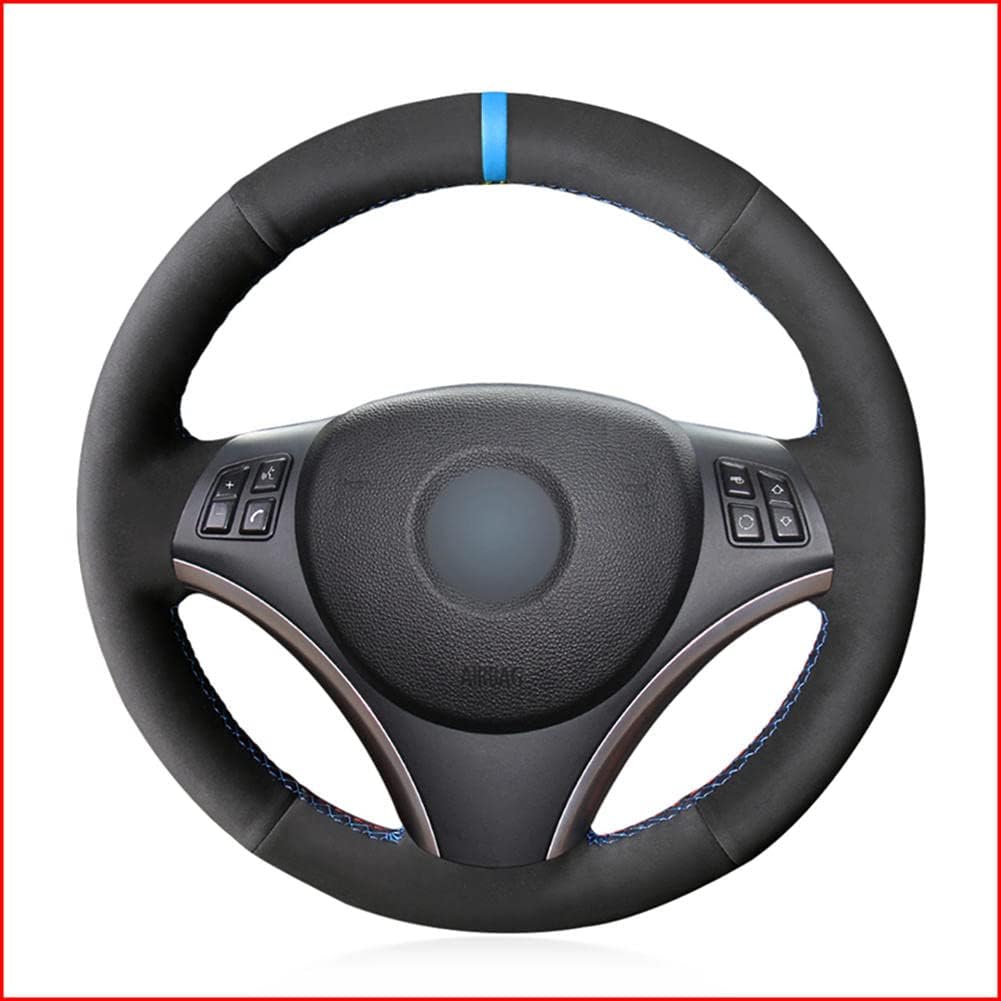 YXNVK Fit for BMW E90 E91 E92 E93 X1 E84 E87 E81 E82 E88,Hand Sewn Steering Wheel Cover,Black Suede Customized DIY Car Steering Wheel