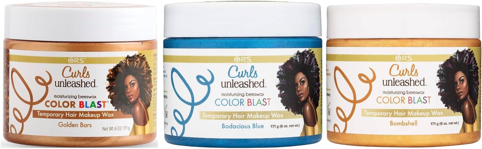 ORSCurls Unleashed Color Blast Temporary Color Wax, Infused with Beeswax & Castor Oil, Golden Bars - Bodacious Blue - Bombshell - Bundle