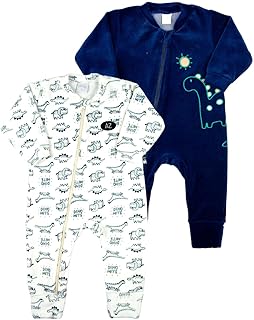 Macacao Bebe Plush Kit 2 Macacão Plush Menino Ziper Sem Pés