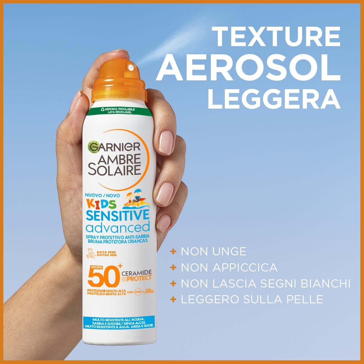 Garnier Ambre Solaire Advanced Sensitive Kids Ceramide Protect Spray Aerosol Anti-Sabbia SPF50+, 150 ml