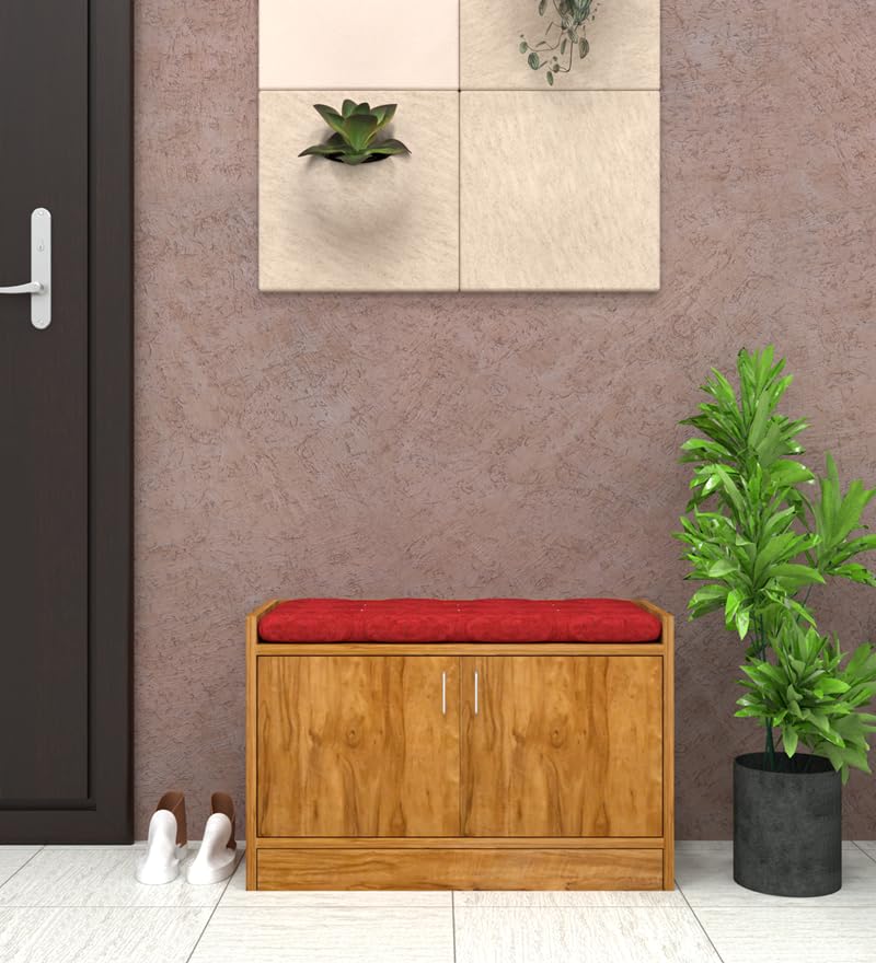 Image of SPECIALITY PANELS Wooden Shoe Rack with Cushioned Seating, 2 Door Storage Cabinet, Natural Wood Finish, 75x49 cm, DIY Assembly