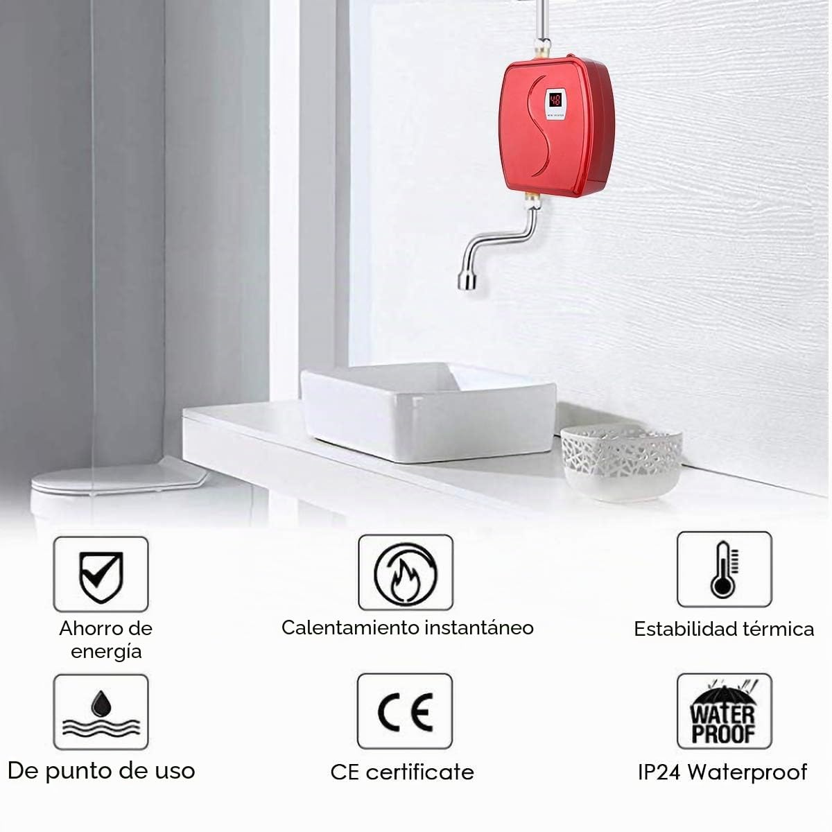 Haofy Calentador de Agua Instantáneo Eléctrico, 3800W 220V Mini Termo Eléctrico Sin Tanque, de Agua Caliente de la Ducha con LCD Pantalla para Lavado de Cocina/Baño, Debajo del Fregadero