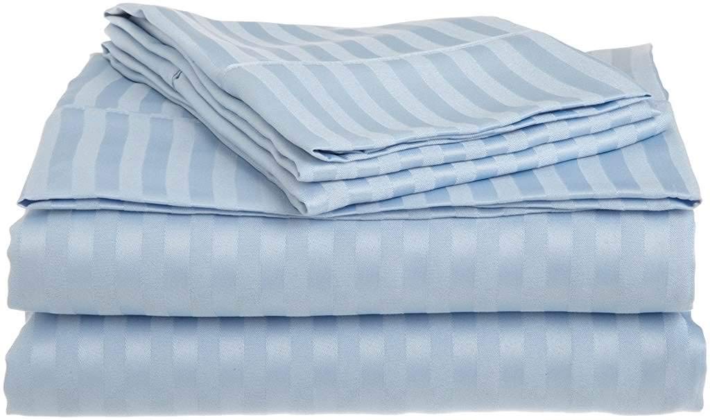 Extra DEEP Pocket of Fitted Sheet :- 4 PCs Sheet Set - 400 Thread Count - 100% Long Stable Egyptian Cotton - Fitted Sheet fitt Upto 18 Inch Drop, Light Blue Stripe, Queen Size.