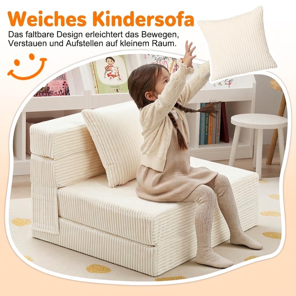 MeMoreCool Cord Spielsofa Kindersofa, Glow-Kinder Sofa, Kinder-Klappsofa, Flip-Sofa Kindercouch, Z-Bett, kindersofa ausklappbar, Bodenbett, Klappcouch für Spielzimmer, Beige