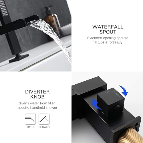 Miniatura 85 de TapLong Grifo de llenado de bañera en cascada con ducha de mano, juego de grifo de bañera romano generalizado, montaje en cubierta, 3 agujeros, Oro