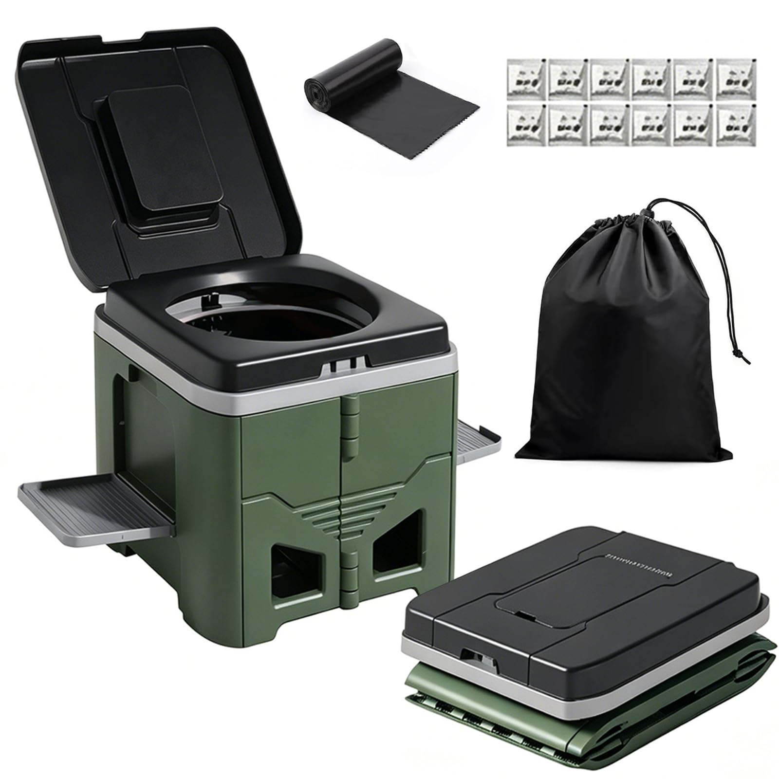 Set WC pieghevole portatile da campeggio, con porta rotolo di carta e supporto per telefono, 24 sacchetti della spazzatura, borsa organizer per campeggio, camper ed escursionismo.