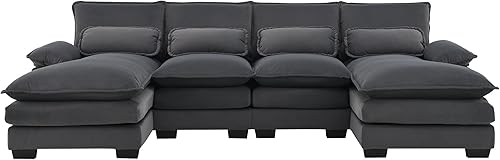 Miniatura 8 de HZSSDTKJ Modern U-Shaped Modular Sectional Sofa with Waist Pillows, Sleeper Sofa Couch with Chaise Lounge, 6-Seat Chenille Upholstered Symmetrical