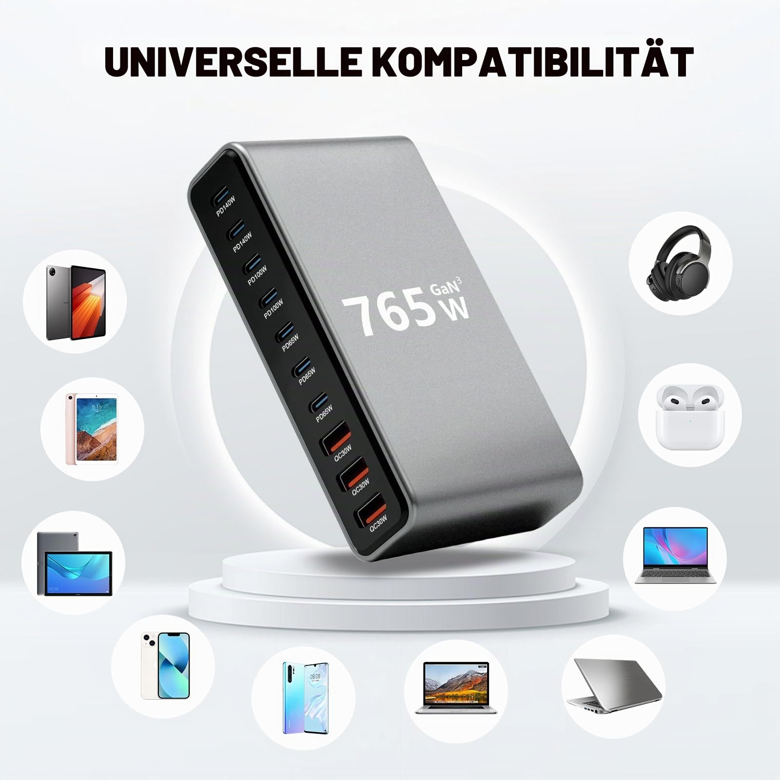 765W USB Ladegerät Mehrfach - 10 Ports Schnellladegerät mit 7 USB C + 3 USB A, Power Ladestation für mehrere geräte kompatibel mit MacBook, iPad, iPhone 16/15/14 Serie, Galaxy S22/ S20, Dell, HP